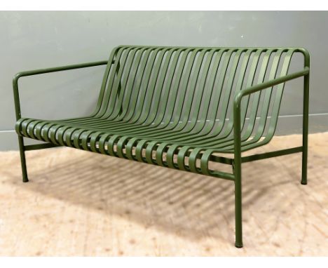 Glenmorangie: a green enamelled finish two seat metal spar seat and back garden bench (h. 71cm x l. 136cm x w. 85cm)