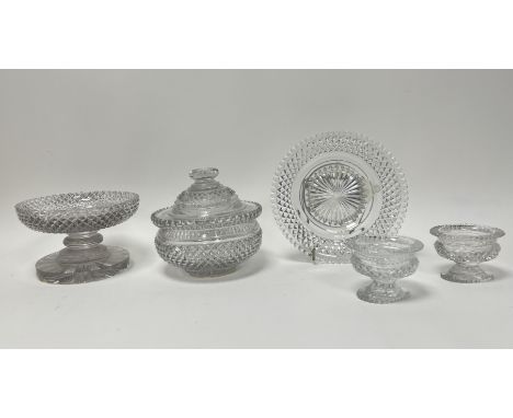 An Irish glass bonbon jar (h. 11cm), together with a large cut crystal lidded jar with faceted stopper (h. 15cm), a small Iri