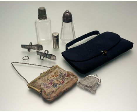 A collection to include, a Vintage Corde navy blue evening purse of corded scrolling fabric design with satin lined interior 