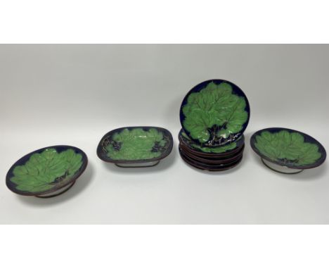 A set of eight 19thc pearlware Majolica plates, each decorated with green vines on a royal blue ground and finished with gilt