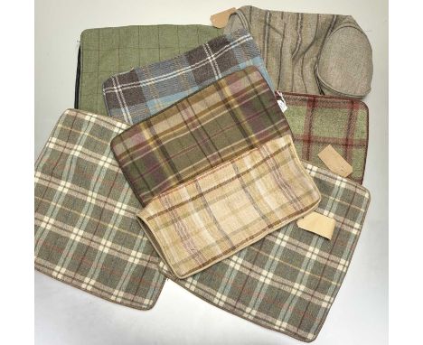 A collection of various tartan fabric cushion covers comprising a zoffany crushed brown with green and brown underside, a Lin