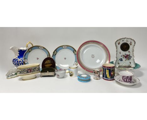 A collection of miscellaneous items comprising, a large blue jug with gilt floral decoration to body and handle (a/f) (h. 26c