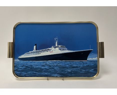 A large vintage Woodmet serving tray with brass twin handles and Queen Elizabeth II printed to front (l. 50cm x h. 30cm)