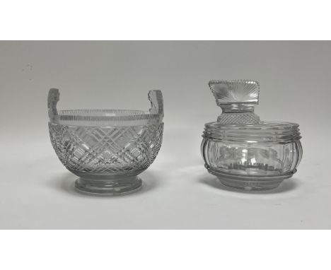 An Irish cut glass piggin with shell cut thumb piece (h. 15cm), together with a Georgian Irish cut glass bowl with twin shell