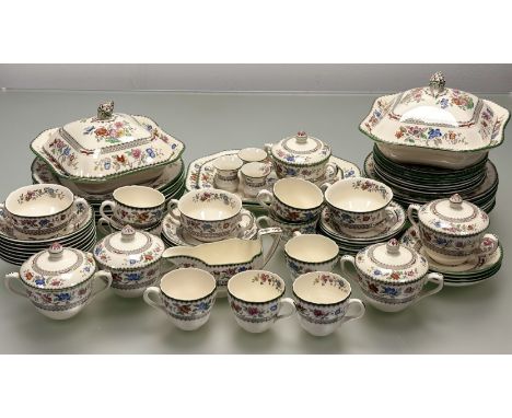 A 1920's and later Copeland Spode "Chinese Rose" pattern part dinner service comprising, five twin handled chocolate pots wit