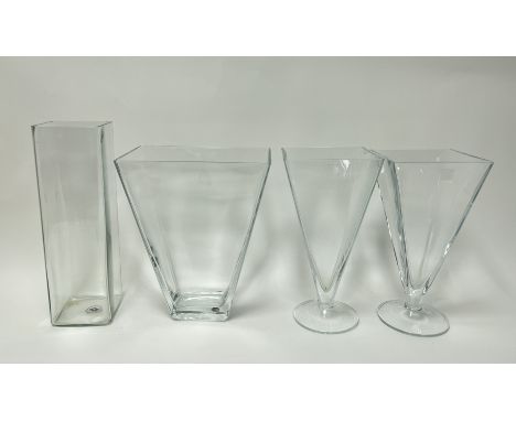 A pair of LSA Krosno Polish glass trumpet form vases (h. 30cm), together with a similar vase with rectangular top (w. top 25c
