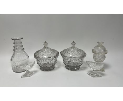 A collection of cut glassware comprising, a cut glass sweetmeat jar and cover with faceted top, possibly Irish glass (h. 19cm