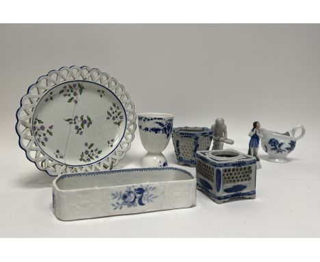 A collection of blue and white comprising, a 19thc blue and white transfer print razor dish, decorated with the Berlin Rose p