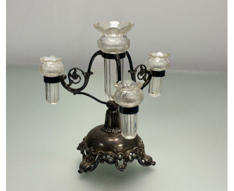 A Walker &amp; Hall EPNS centre piece epergne, with a three branch and centre cut glass funnel, marked verso. (no chips or lo
