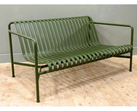 Glenmorangie: a green enamelled finish two seat metal spar seat and back garden bench (h. 71cm x l. 136cm x w. 85cm)