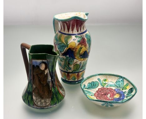 Late Foley Shelley "Intarsio" pattern jug (h-19cm, wear and some chips to rim), an Italian pottery hand-painted pitcher with 