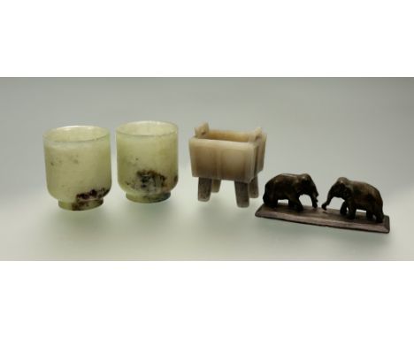 A pair of Chinese craved pale green jade tea cups (h-6cm), with a jade carved censer (h-6cm) together with a pair of bronze e