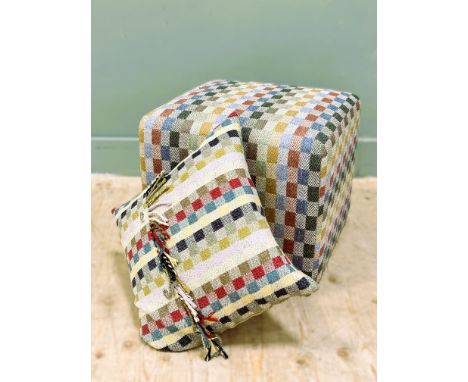 An Anta Uist Tweed upholstered cube with a matching down-filled cushion with fringe border and horn buttons (cube h.39cm x w.
