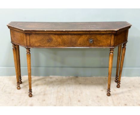A 19thc walnut and burr walnut console table, fitted single drawer on turned tapered supports with later single handle and oa