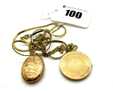 A Circular Locket Pendant, engine turned, stamped "Front 9ct Back", on a chain; Together with An Oval Locket Pendant, on a 9c