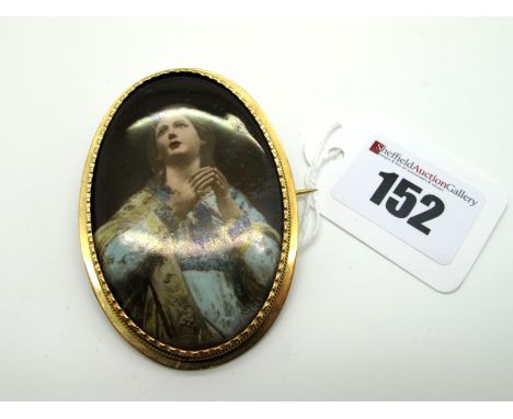 A Large Oval Ceramic Panel Brooch, in colour depicting the Madonna(?), collet set with ropetwist detail (indistincty stamped)