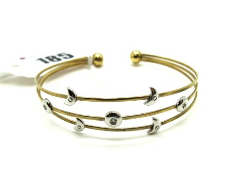 A Modern 9ct Gold Diamond Set Bangle, of openwork three row two tone design, with applied moons etc. 