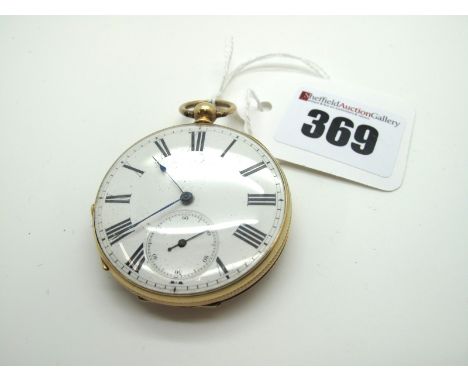An Openface Pocketwatch, the white dial with black Roman numerals and seconds subsidiary dial, within engine turned case with