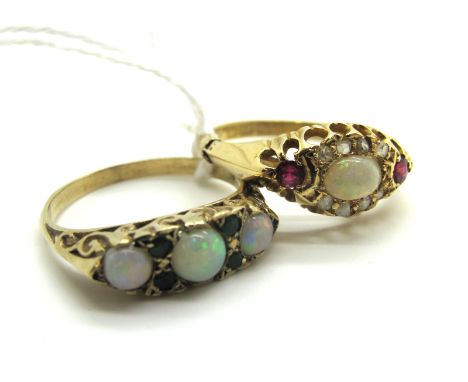 An 18ct Gold Opal Set Ring, oval cabochon set to the centre, Birmingham 1912; together with a Victorian style opal set ring, 