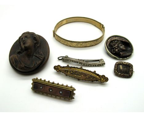 XIX Century Bar Brooches, brown cameo style brooch depicting female profile, a XIX Century hairwork brooch, a 9ct rolled gold