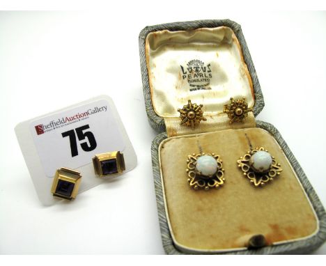 A Pair of Opal Set Earstuds, circular cabochon set; together with another pair of single stone earstuds, square collet set, e