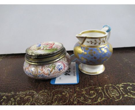 A19th century English porcelain miniature jug, together with a 19th century enameled patch pot, decorated with figures