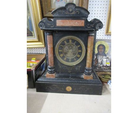 A Victorian black slate mantel clock, with gilt and marble decoration, height 16ins
