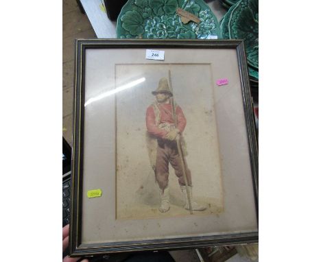 A 19th century watercolour, full length portrait of a man, 12ins x 8ins