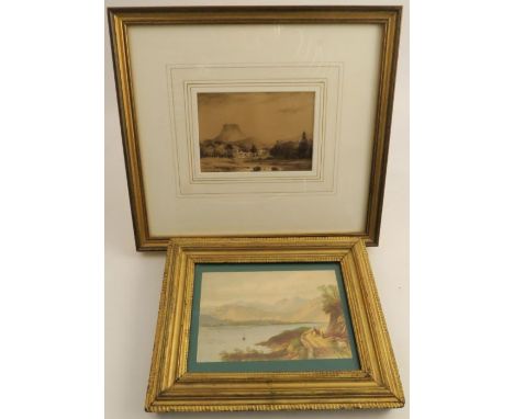 Attributed to N. Condy,&nbsp; 19th century grisaille watercolour, landscape with buildings and volcano beyond, 4ins x 5.5ins,