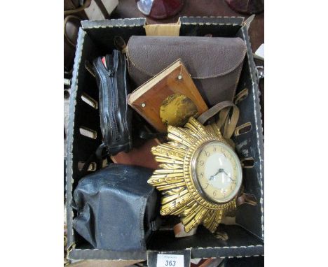 A Smiths wall clock, together with vintage cameras etc
