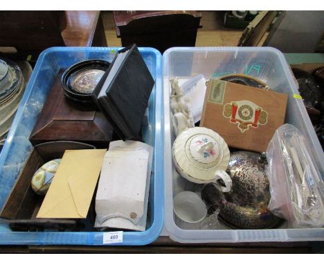 Two boxes of sundries to include stamps, prattware pot lid etc