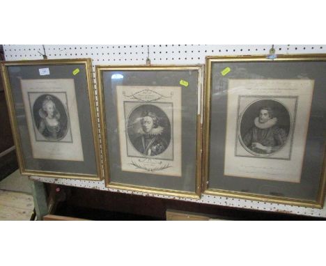 Three Antique black and white portrait prints, Anne of Denmark, Henry Prince of Wales son of King James I and James I King of