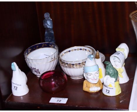 Five Royal Worcester candle snuffers, including Punch and Owl, a Royal Worcester porcelain cup and saucer with bamboo decorat