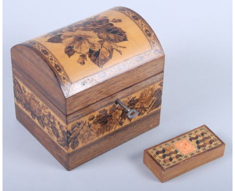 A Tunbridge ware dome top single compartment tea caddy and a Tunbridge ware three-compartment stamp box 