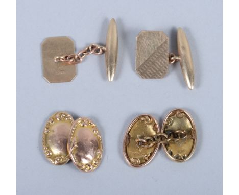 Two pairs of 9ct gold cufflinks, and a 15ct gold and seed pearl stick pin, 7.9g gross 