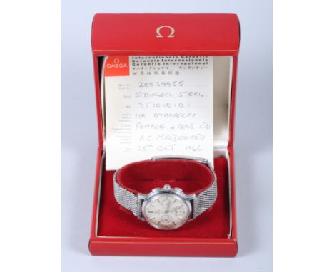 An Omega Chronometer wristwatch in stainless steel case, with silvered dial and baton numerals and subsidiary dials at three,
