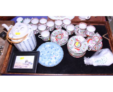 A Canton style coffee set, a poem decorated teapot and other Oriental ceramics, various 
