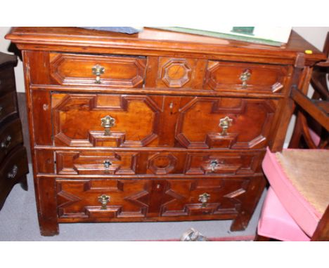 A late 17th century fruitwood chest of two short and three long drawers with fielded panel fronts, on bracket feet, 42" wide 