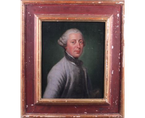 An oil on canvas, portrait of an 18th century gentleman in powdered wig and a grey coat, 11" x 9", in gilt frame 