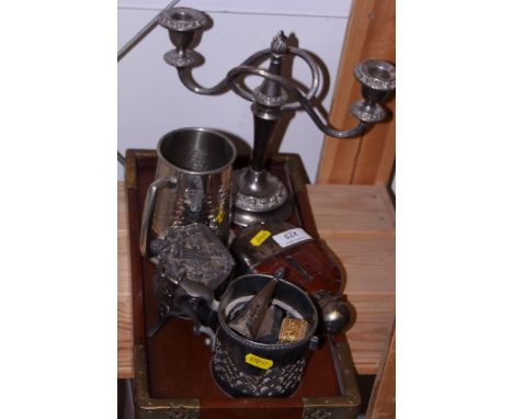 An early 20th century simulated crocodile skin and silver plate hip flask and other plate 