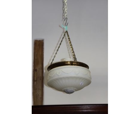 An Edwardian milk glass ceiling light, the pendant bowl with brass mounts, cover and chains, 16" dia 