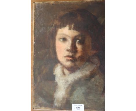 19th century British School: oil on canvas, portrait of a child, unsigned and unframed, pencil signed Hobart on side of canva