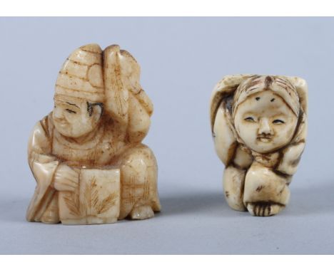 Two early 20th century Chinese carved ivory netsuke, one of a seated man, bearing signature to base, 1 3/4" high, and the oth