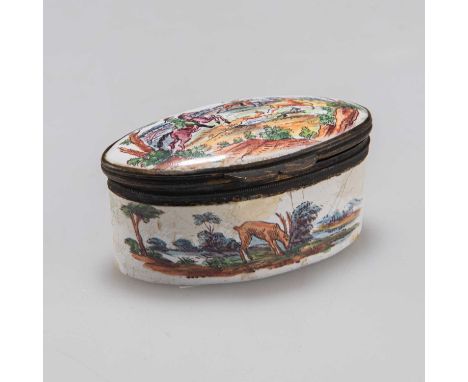 AN 18TH CENTURY ENAMEL NAVETTE-SHAPED PATCH BOX painted with a stag hunting scene on the cover, the front and back with a sta