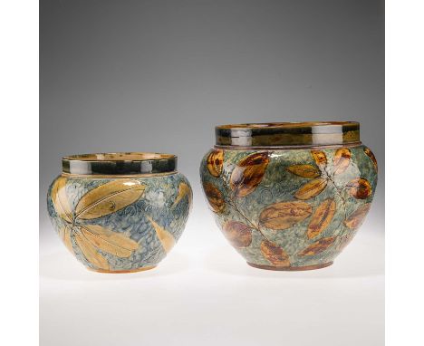 TWO LATE 19TH CENTURY ROYAL DOULTON STONEWARE AUTUMN LEAF JARDINIÈRES impressed marks. (2) 26.5cm and 21.5cm highGood conditi