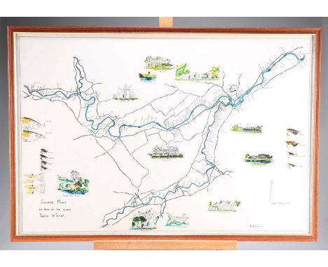 SALMON POOLS ON PART OF THE RIVERS TWEED &amp; TEVIOT print, framed. 43.5cm by 62.5cm overall