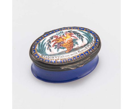 A BILSTON ENAMEL 'NELSON' PATCH BOX, LATE 18TH CENTURY/EARLY 19TH CENTURY of oval form, the hinged cover decorated with a cor