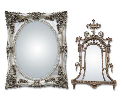 A PERIOD STYLE SILVERED COMPOSITION MIRROR with an oval mirror-plate; together with a smaller period style gilt composition m