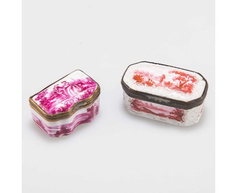 A PUCE-DECORATED ENAMEL SNUFF BOX, 18TH CENTURY rectangular with canted corners; together with a Continental puce-decorated p
