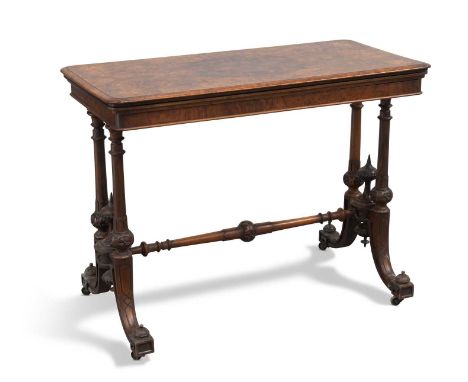 A VICTORIAN INLAID BURR WALNUT FOLDOVER CARD TABLE the rectangular quarter-veneered swivelling top with rounded corners, open